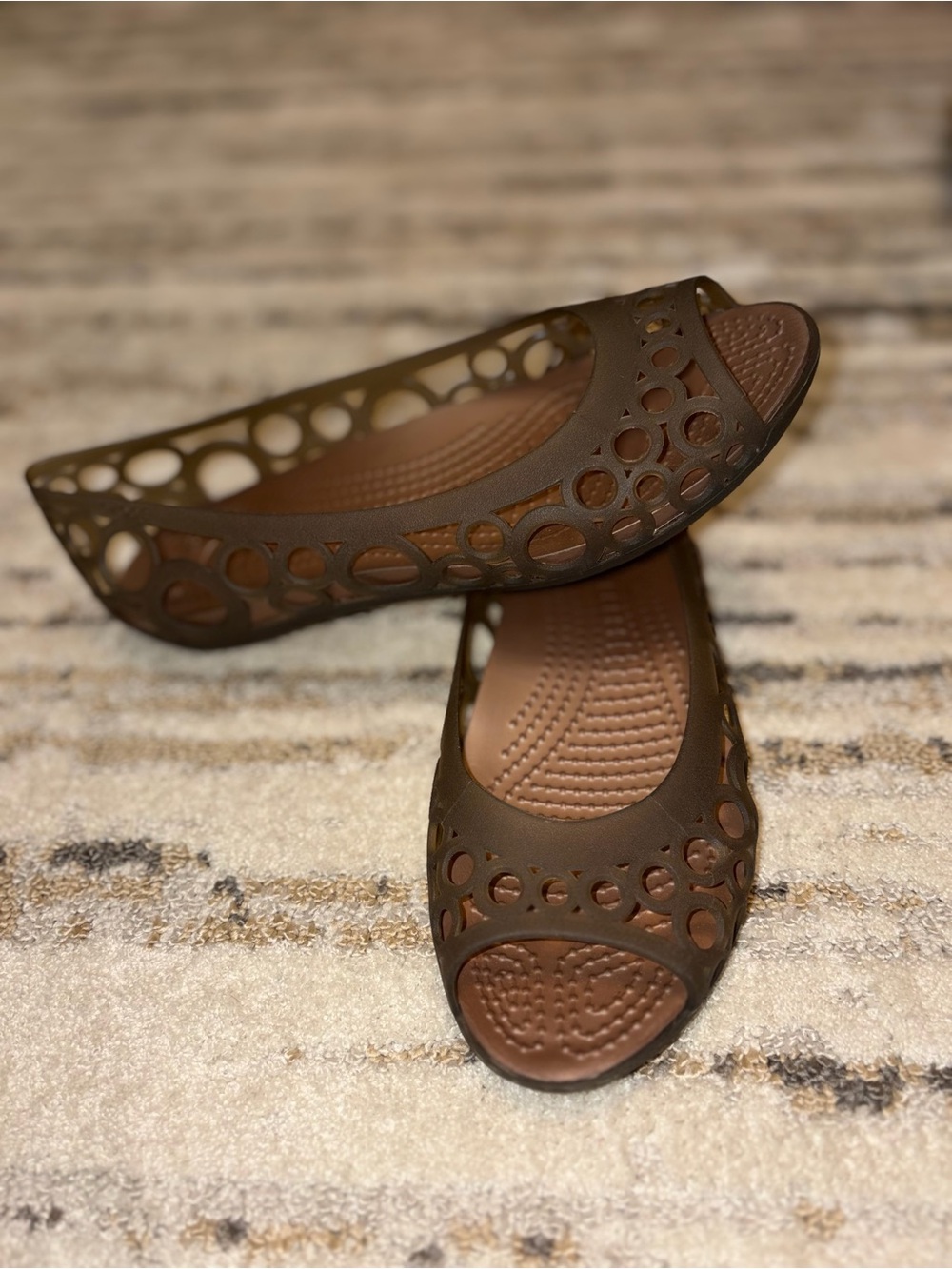CROCS | Women's Brown Cutout Peep-Toe Flats size 8
